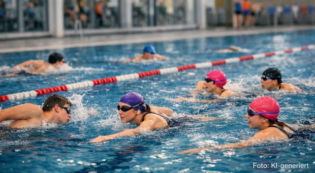 Schwimmgruppe mit Jugendlichen im Becken ki-generiert
